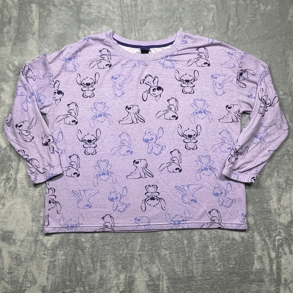 Disney Stitch Long Sleeve Pajama Top‎ Women Large Purple Print Crew Neck Relaxed